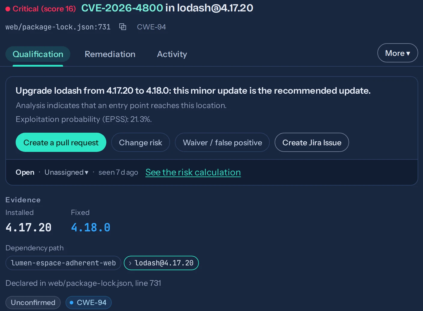 A vulnerable dependency in Tamis: the recommended upgrade, the pull request to create, the installed and fixed versions, and the dependency path.