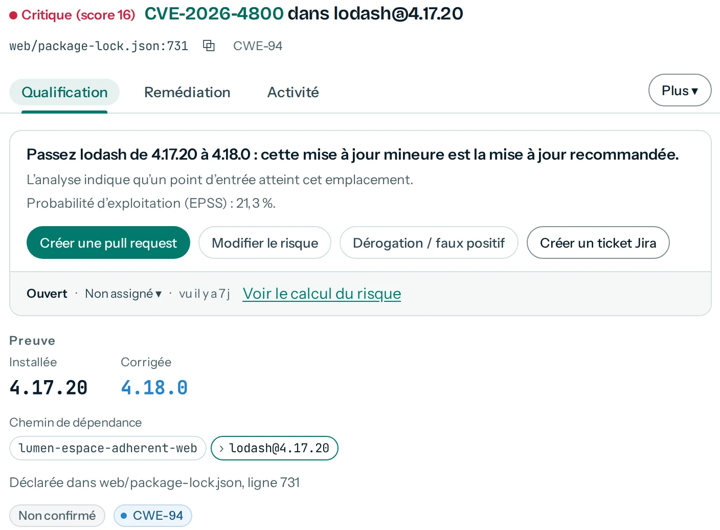 Une dépendance vulnérable dans Tamis : la mise à jour recommandée, la pull request à créer, les versions installée et corrigée, et le chemin de dépendance.