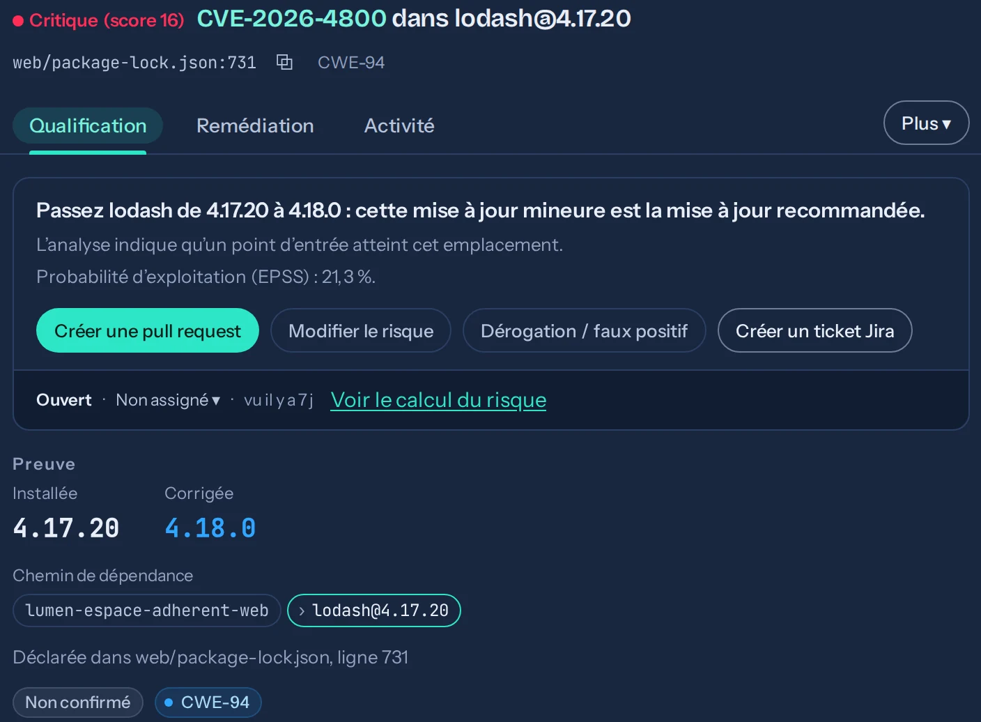 Une dépendance vulnérable dans Tamis : la mise à jour recommandée, la pull request à créer, les versions installée et corrigée, et le chemin de dépendance.
